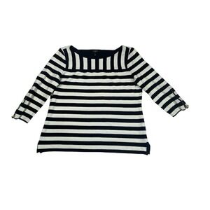 Talbots White & Navy Stripe Top 3/4 Zip Sleeves Stretch Ponte Size MP